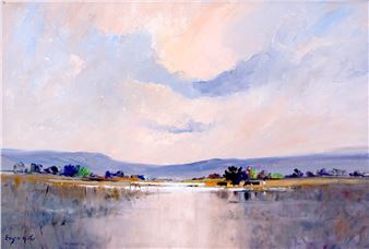 A serene landscape painting of a wetland reflecting a soft, pastel sky.