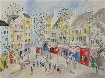 A painting of people walking down a city street.