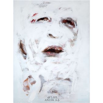 A haunting portrait of a face partially obscured by thick white paint, revealing dark eyes and mouth.