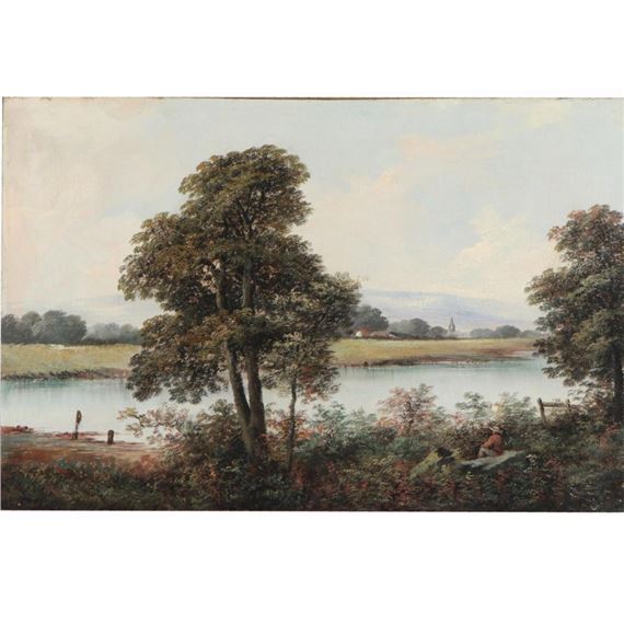 idyllic pastoral landscape with river - British School, 19th Century