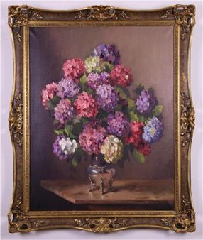 A classical oil painting of a vibrant bouquet of hydrangeas in an ornate vase, framed by a gilded border.