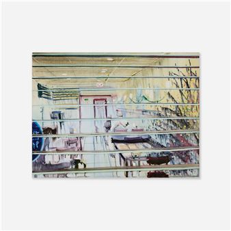 A watercolor painting of a hallway viewed through horizontal blinds.