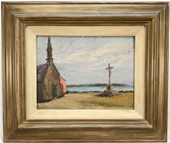 A landscape painting of a small church and cross by the water.