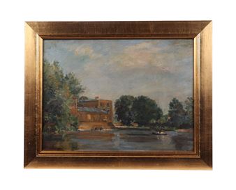 A rustic landscape painting of a brick building beside a river, framed in gold.