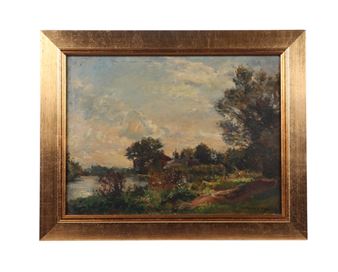 A framed landscape painting depicting a serene riverside scene with trees and a distant house.