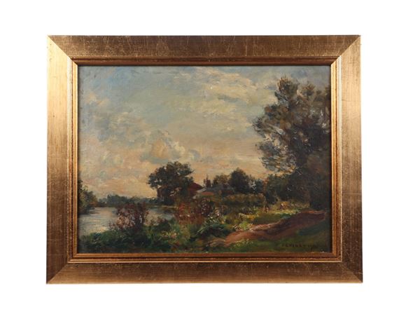 A framed landscape painting depicting a serene riverside scene with trees and a distant house.