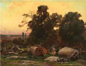 A painting of a wooded landscape with a fire in the distance.