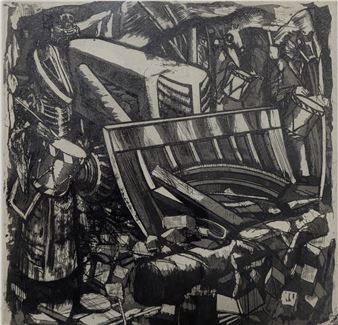 A black and white drawing of a pile of junk.