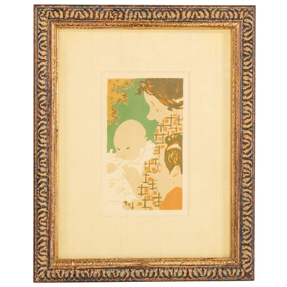 A framed print of a mother and child in a stylized, flat-color illustration.