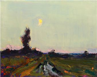 A landscape painting of a dark tree against a pale sky with a bright celestial body.