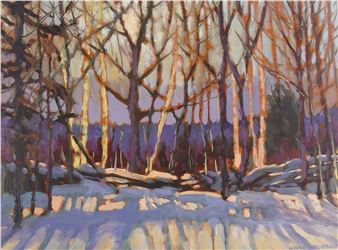 A winter forest scene with snow-covered ground and bare trees under a soft, colorful sky.