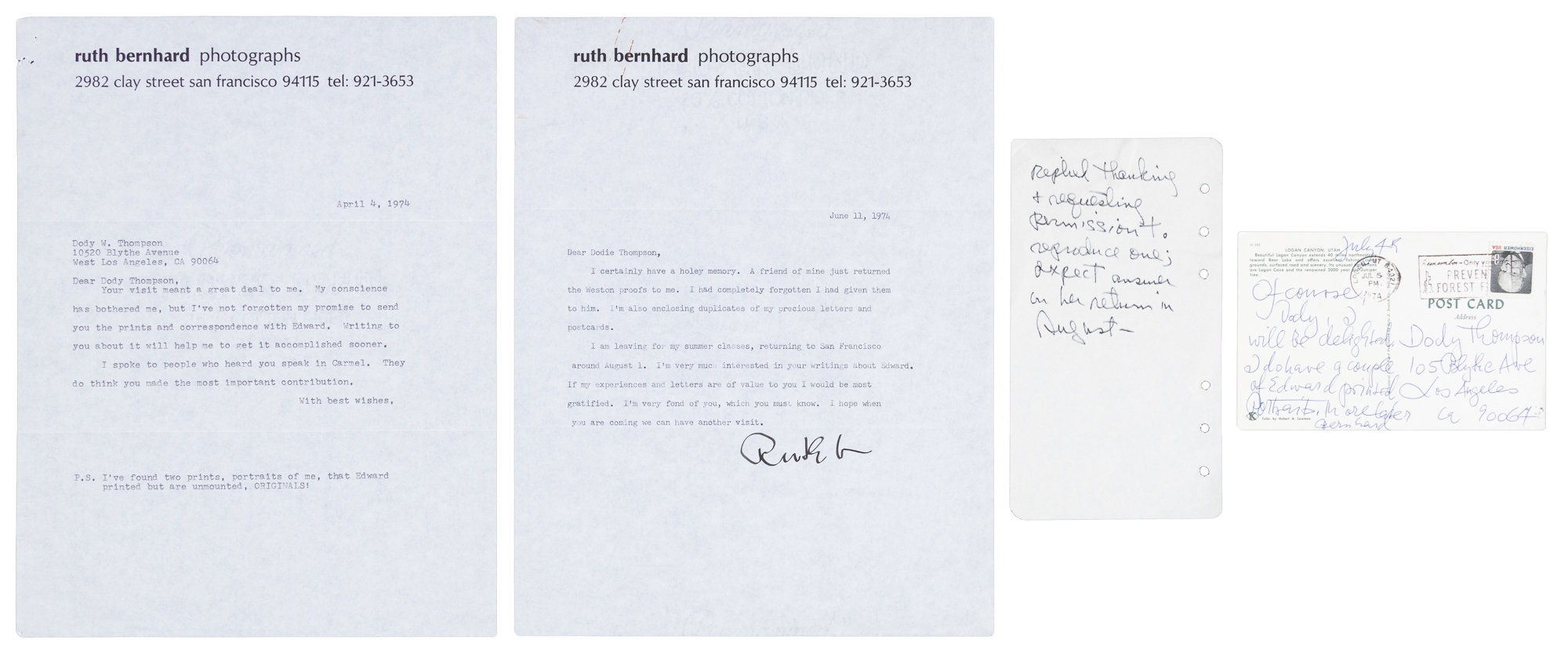 Ruth Bernhard | Two typed letters and a postcard from Ruth Bernhard to ...