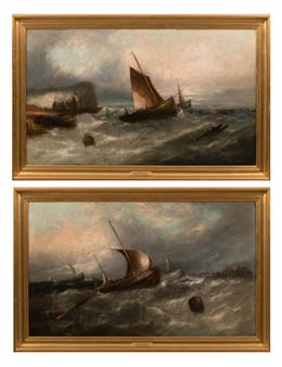 A pair of framed oil paintings depicting turbulent seas with sailing vessels battling rough waves.