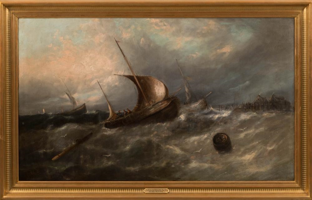 A pair of framed oil paintings depicting turbulent seas with sailing vessels battling rough waves.