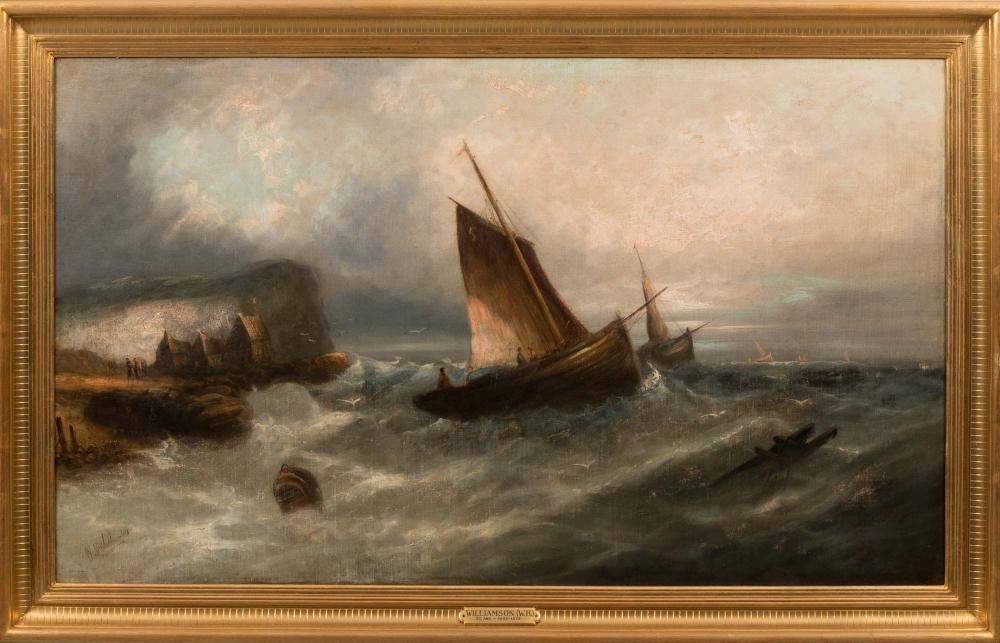 A pair of framed oil paintings depicting turbulent seas with sailing vessels battling rough waves.