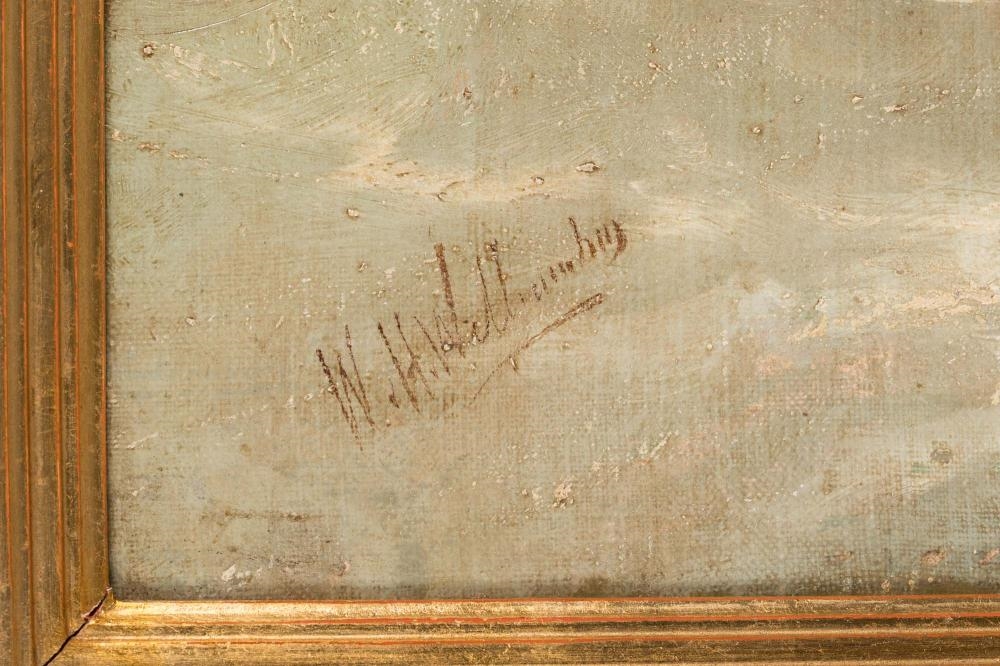 A pair of framed oil paintings depicting turbulent seas with sailing vessels battling rough waves.