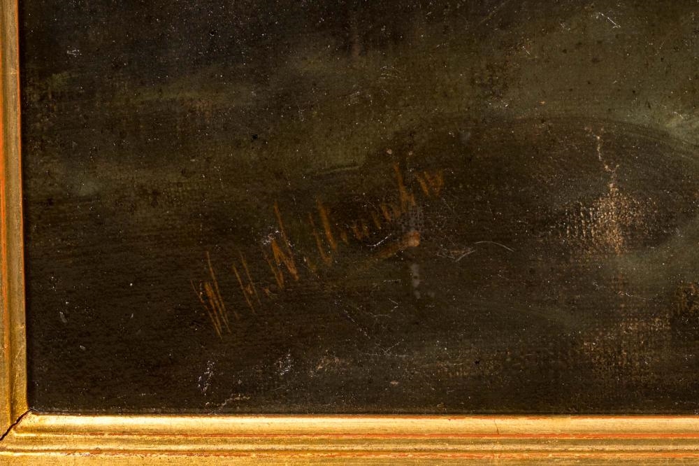 A pair of framed oil paintings depicting turbulent seas with sailing vessels battling rough waves.