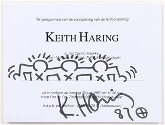 Carton d'invitation de Monique et Roger Nellens à une exposition du casino de Knokke en 1987 portant un dessin au marqueur noir et une signature - Keith Haring