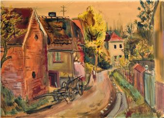 A vibrant watercolor scene of a rustic village street with autumnal colors and traditional architecture.