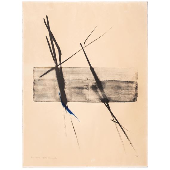 A black and blue abstract painting on a beige background.