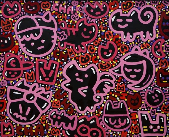 A chaotic, colorful collage of stylized cat faces and abstract shapes.
