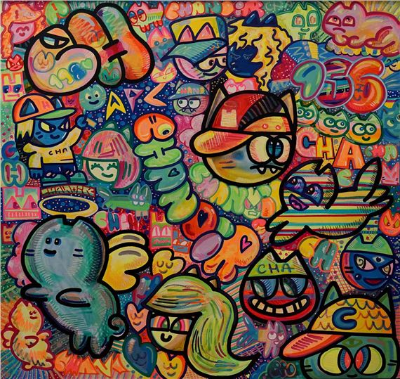 A vibrant, chaotic collage of cartoon characters and abstract shapes in a dense, colorful composition.