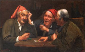 A painting of three men playing cards at a table.