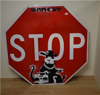 An interesting unauthorised 'BanksyLand' Banksy Retrospective American stop sign - Banksy