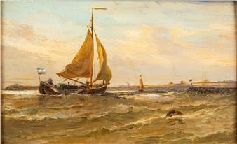 A seascape painting featuring a sailing vessel navigating choppy waters under a hazy sky.
