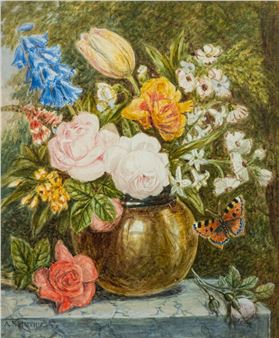 A vibrant still life featuring a colorful bouquet of flowers in a golden vase, accompanied by a butterfly.