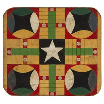 A DOUBLE-SIDED PAINT-DECORATED PARCHEESI BOARD
