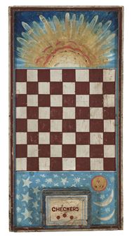 A PAINT-DECORATED AND TIN CHECKERED GAME BOARD - American School, 19th Century