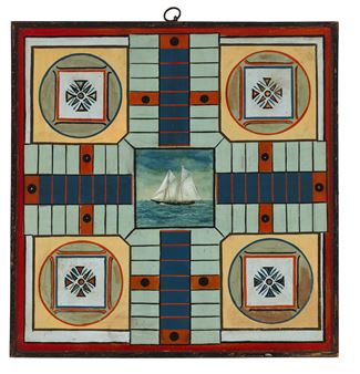 A DOUBLE-SIDED PAINT-DECORATED PARCHEESI BOARD