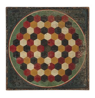 A DOUBLE-SIDED PAINT-DECORATED AGON GAME BOARD