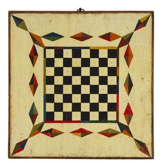 A DOUBLE-SIDED PAINT-DECORATED CHECKERED GAME BOARD