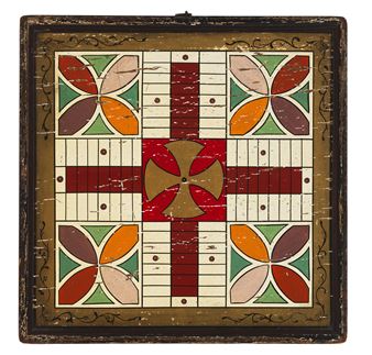 A DOUBLE-SIDED PAINT-DECORATED PARCHEESI BOARD