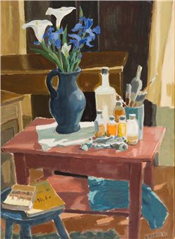 A still life painting of a blue pitcher with flowers and various bottles on a wooden table.