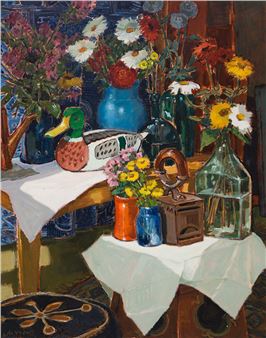 A vibrant still life featuring a colorful duck figurine, multiple vases of flowers, and a vintage camera on a table.