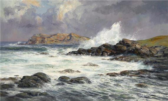 A dramatic seascape painting of turbulent waves crashing against rocky shores under a moody sky.