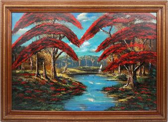 A vibrant landscape painting featuring a river flanked by trees with striking red foliage.