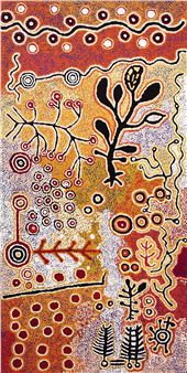 A vibrant Aboriginal-style painting featuring abstract flora and geometric patterns on a warm earthy background.
