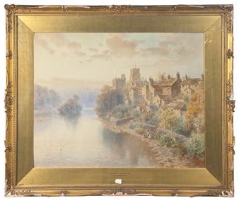 A serene landscape painting of a riverside village with a golden ornate frame.
