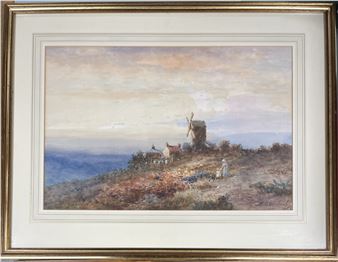 A watercolor landscape of a windmill on a hill with a distant figure.