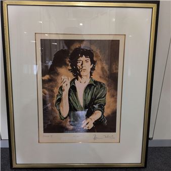 A framed painting of a man smoking a cigarette.