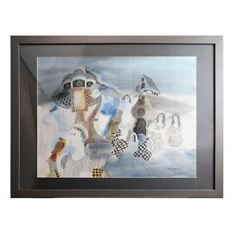 A framed watercolor artwork featuring a surreal, collage-like composition of figures and architectural elements.
