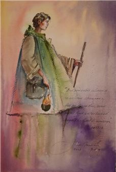 A watercolor portrait of a robed figure holding a staff and lantern against a soft, colorful background.