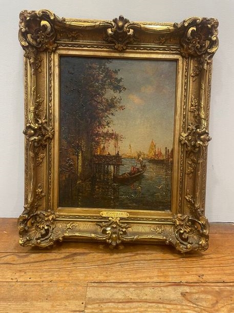 A serene waterway scene featuring a gondola, a wooden pier, and distant city spires under a soft sky.