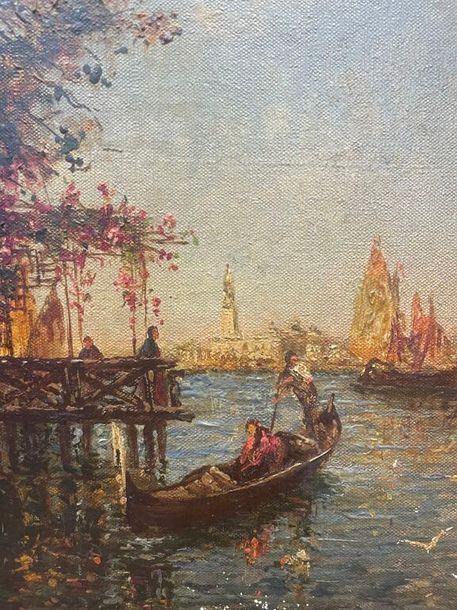 A serene waterway scene featuring a gondola, a wooden pier, and distant city spires under a soft sky.