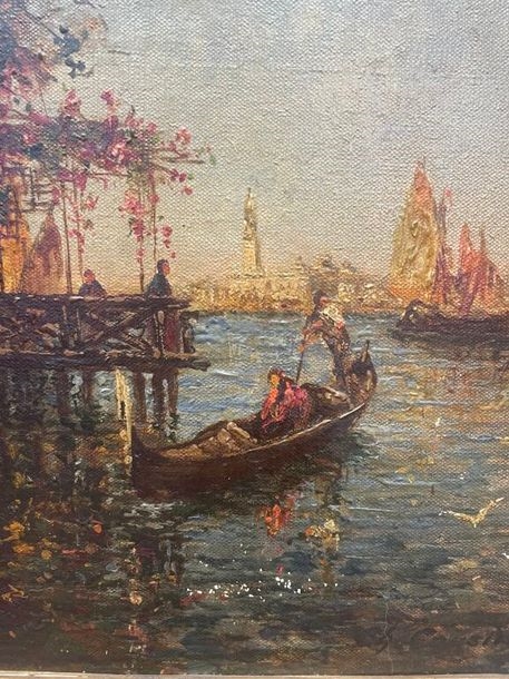 A serene waterway scene featuring a gondola, a wooden pier, and distant city spires under a soft sky.