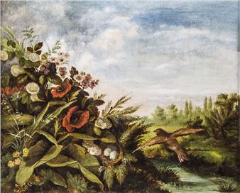 A painting of a bird flying over a field of flowers.